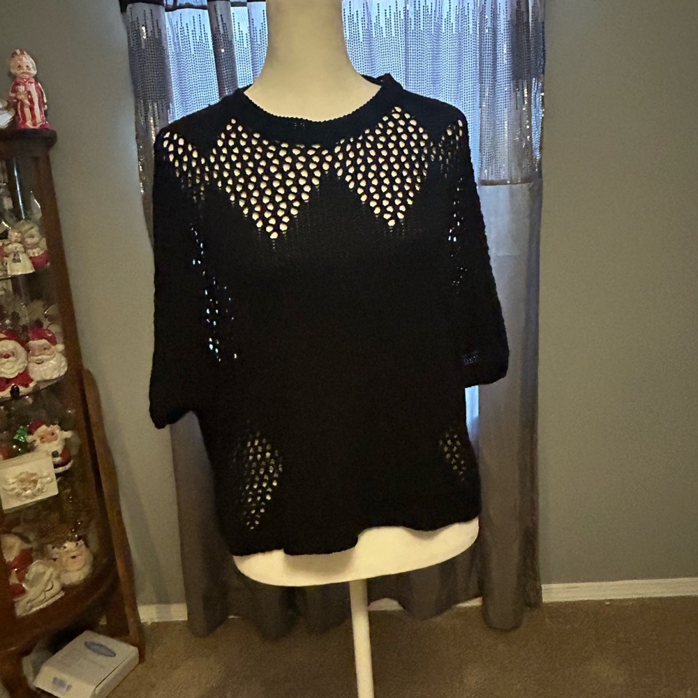 HYFVE Black Open Knit Short Sleeve Pullover